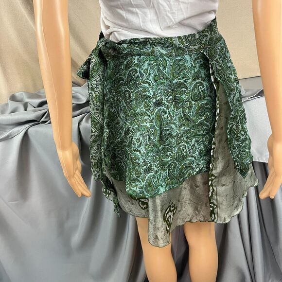 Womens Wrap Skirt Green Paisley Tiered Flowy Bohemian Hippie Magic Festival OS - Picture 3 of 3